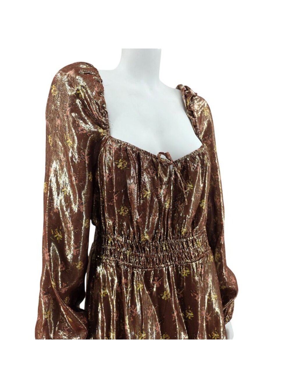 Paige Metallic Floral Smocked Waist Long Sleeve Mini Dress Size Large